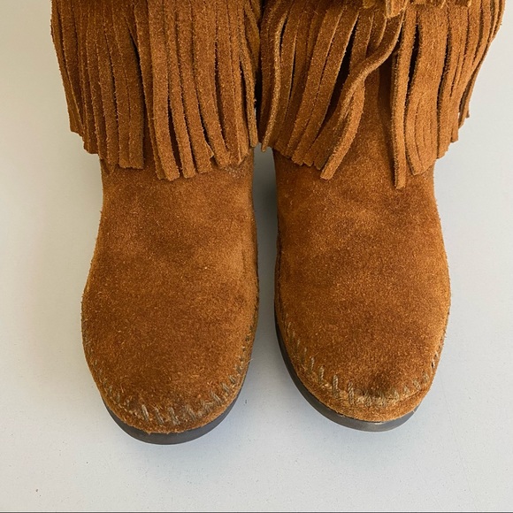Minnetonka 3 Layer Fringe Brown Suede Boots boho - Picture 5 of 12